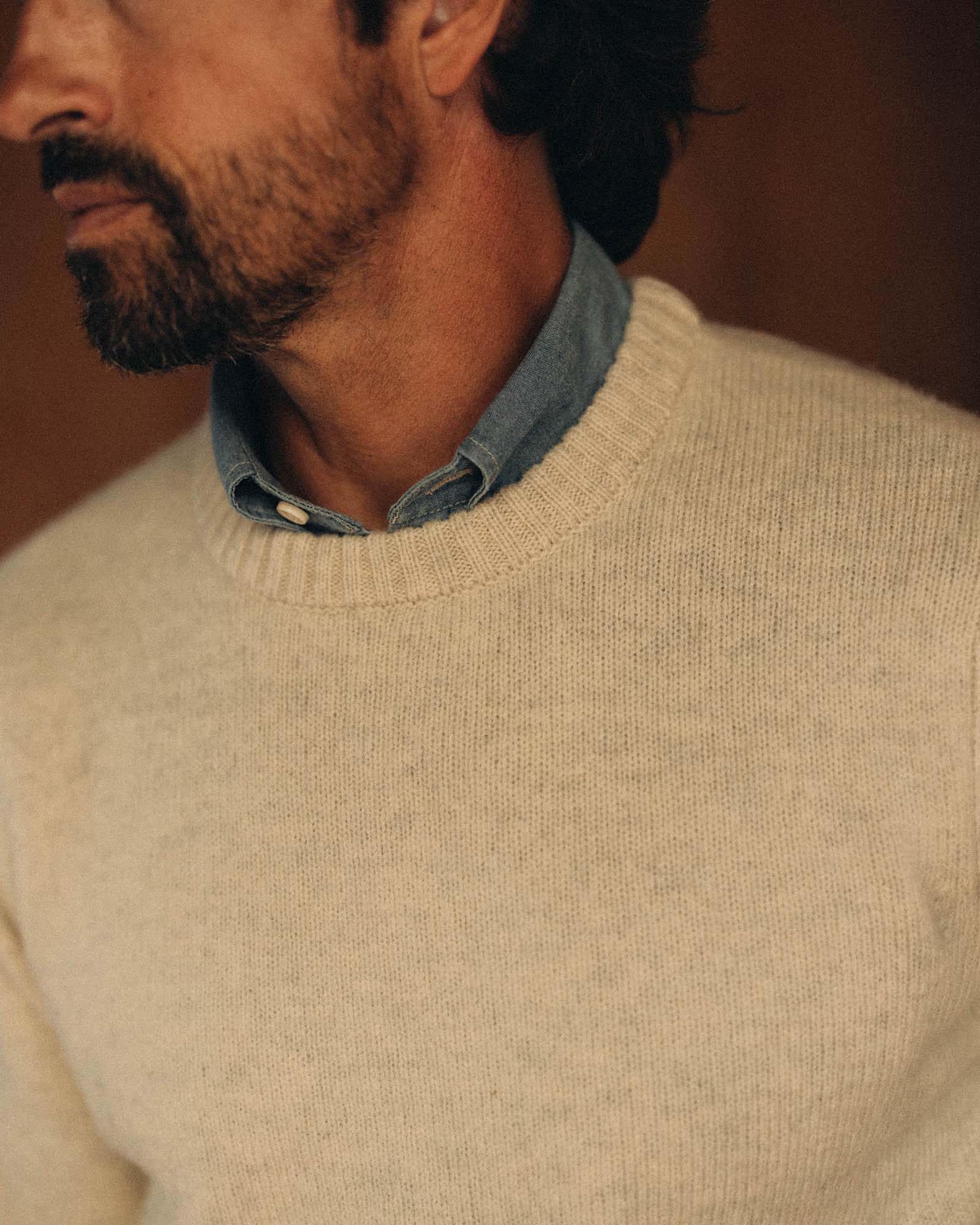 fit model showing off the collar on The Eastmoor Sweater in Heather Ivory Wool, Knits by Taylor Stitch