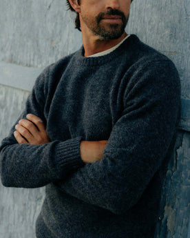 fit model posing in The Eastmoor Sweater in Heather Night Wool, Knits by Taylor Stitch