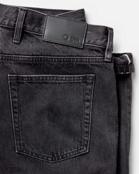 material shot of the back pocket on The Straight Jean in Washed Black Organic Slub Selvedge, Bottoms by Taylor Stitch