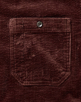 material shot of the pocket on The Utility Shirt in Burgundy Corduroy, Wovens by Taylor Stitch