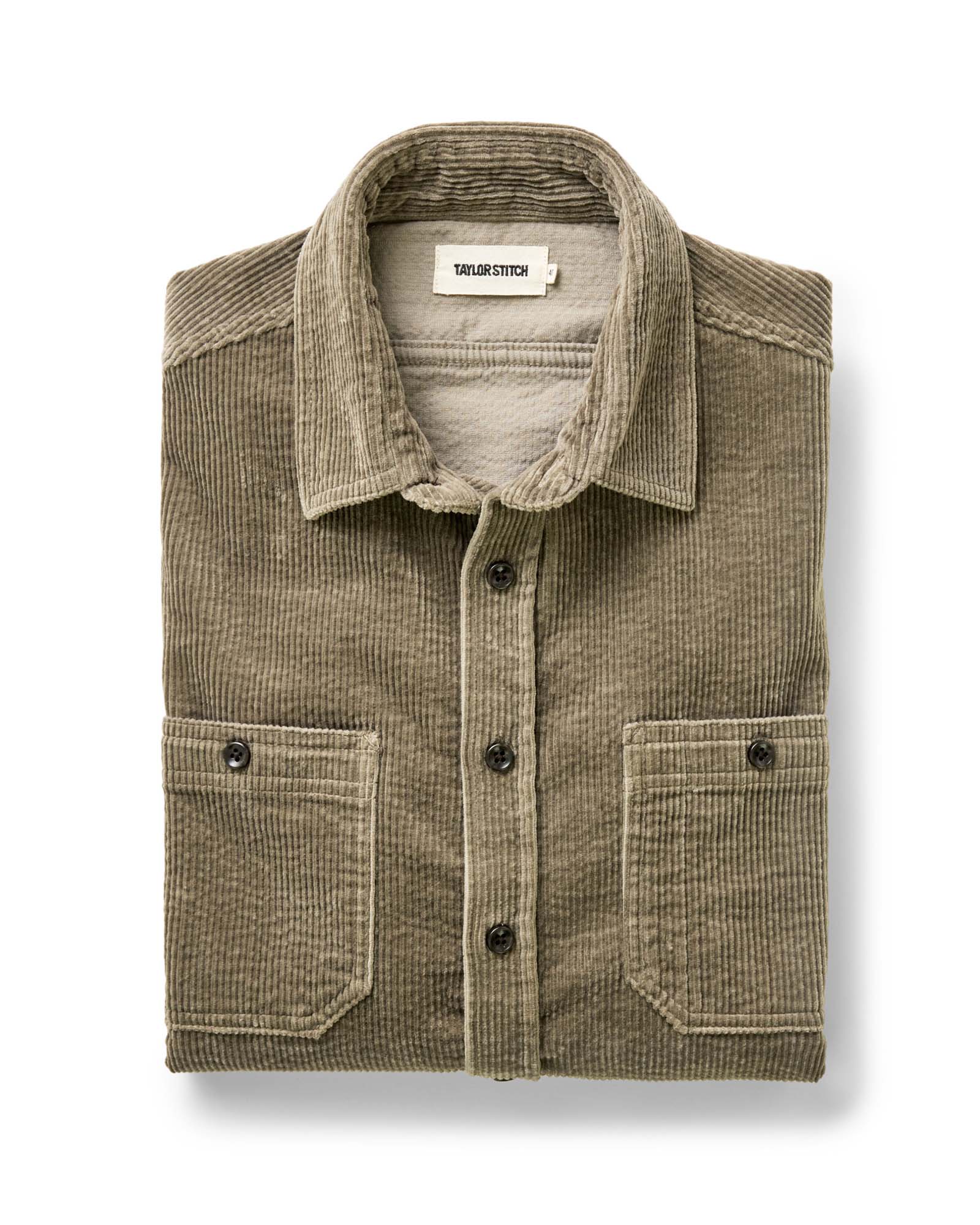 folded flatlay of The Utility Shirt in Fatigue Olive Corduroy, Wovens by Taylor Stitch