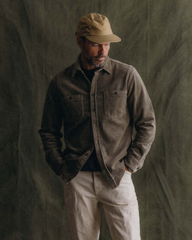 fit model showing off The Utility Shirt in Fatigue Olive Corduroy, Wovens by Taylor Stitch