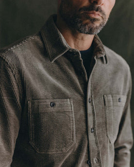 fit model showing off details on The Utility Shirt in Fatigue Olive Corduroy, Wovens by Taylor Stitch