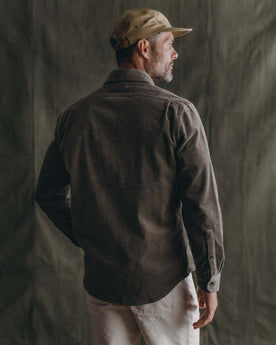 fit model showing off the back of The Utility Shirt in Fatigue Olive Corduroy, Wovens by Taylor Stitch