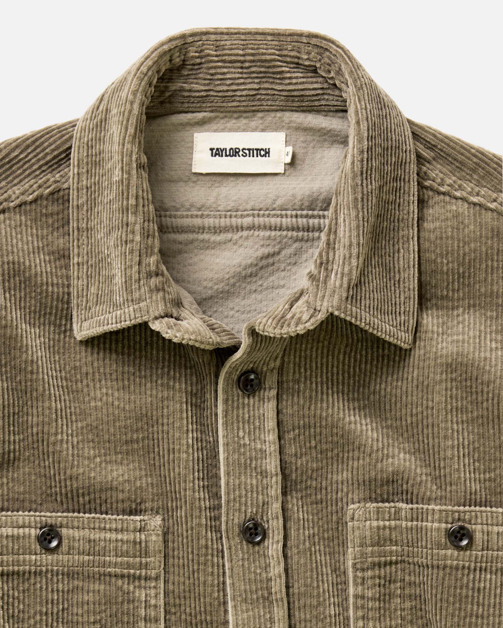 material shot of the collar on The Utility Shirt in Fatigue Olive Corduroy, Wovens by Taylor Stitch