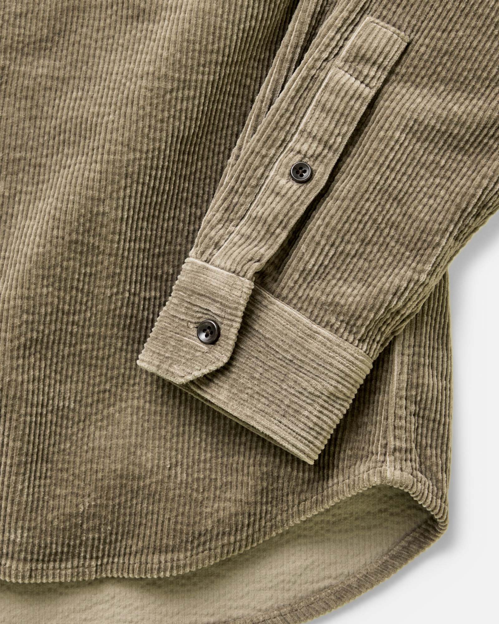 material shot of the sleeve on The Utility Shirt in Fatigue Olive Corduroy, Wovens by Taylor Stitch