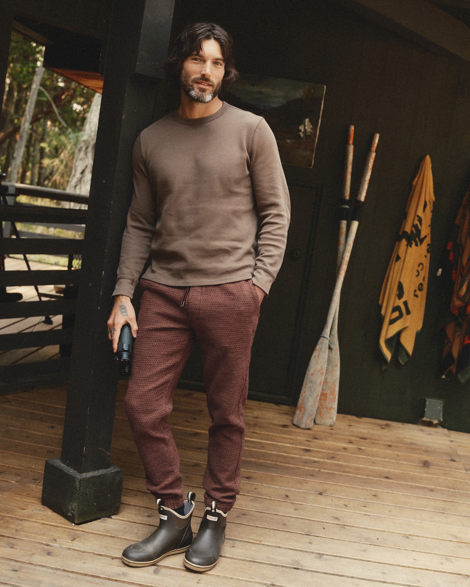 fit model showing the front of The Apres Pant in Black Cherry Sashiko, Bottoms by Taylor Stitch