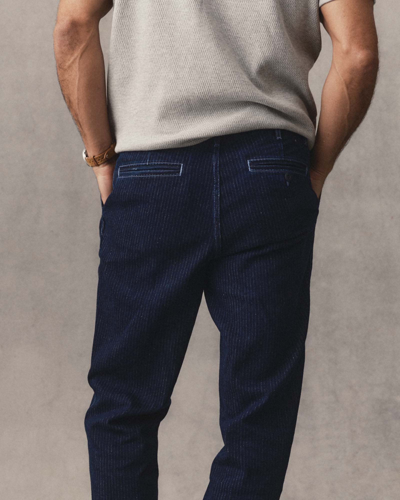 fit model showing off the back of The Camden Pant in Rinsed Indigo Roped Denim, Bottoms by Taylor Stitch