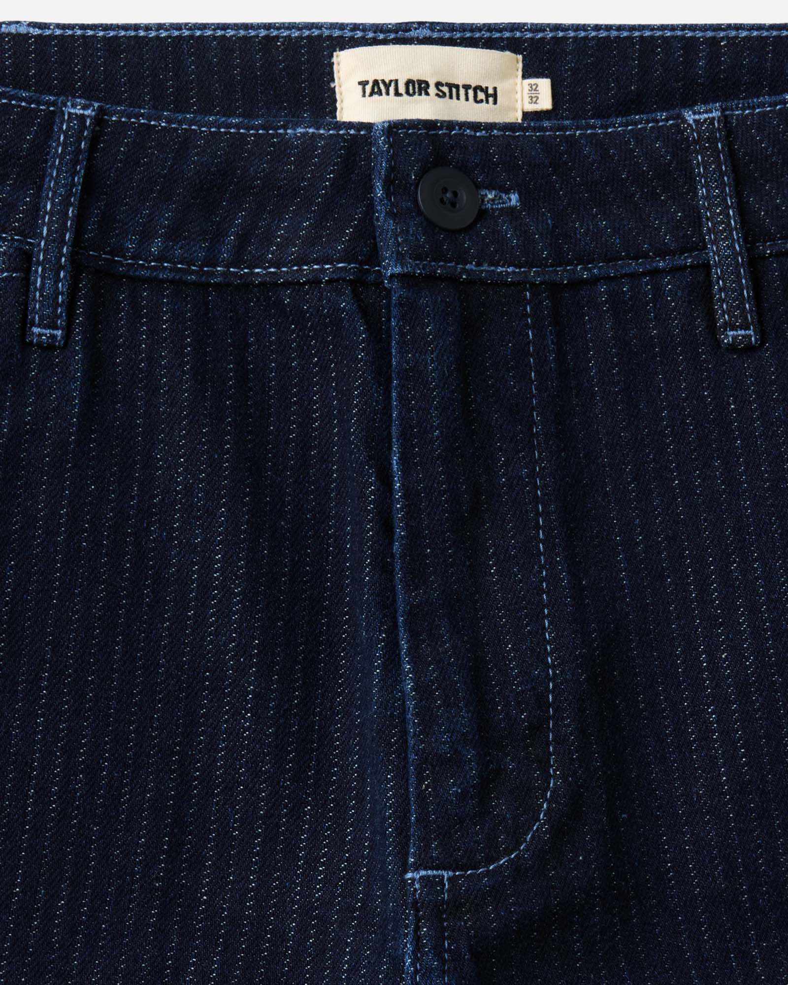material shot of the waistband on The Camden Pant in Rinsed Indigo Roped Denim, Bottoms by Taylor Stitch