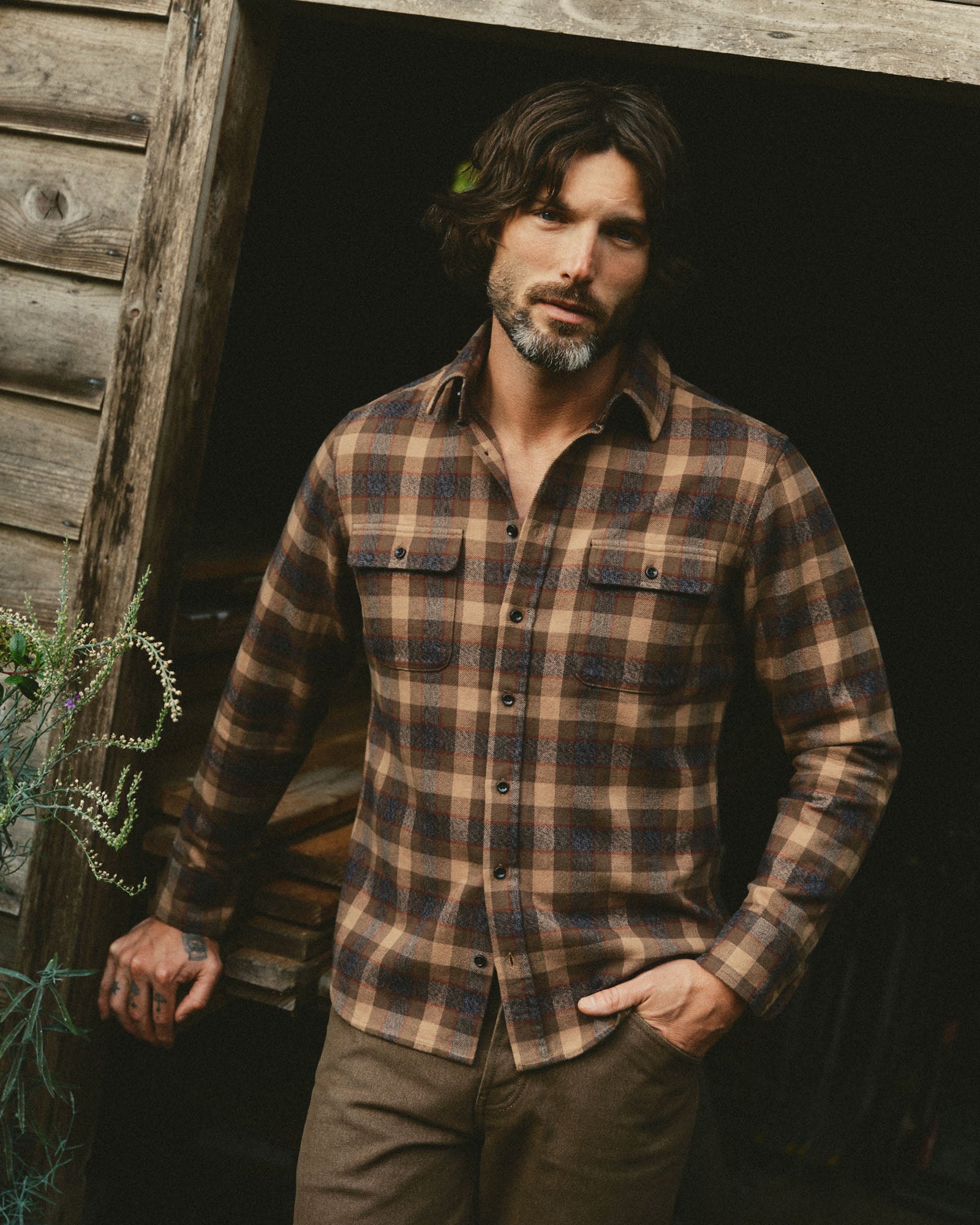 fit model showing off The Yosemite Shirt in Buckeye Plaid, Wovens by Taylor Stitch