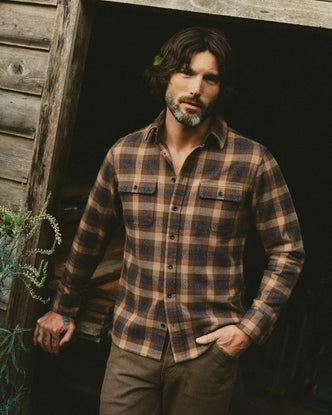 fit model showing off The Yosemite Shirt in Buckeye Plaid