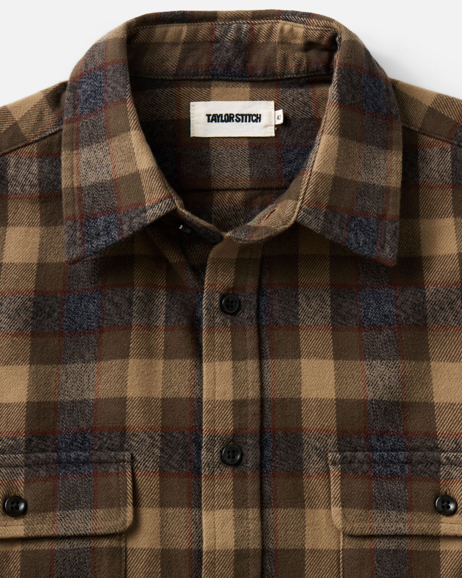 material shot of the collar on The Yosemite Shirt in Buckeye Plaid, Wovens by Taylor Stitch