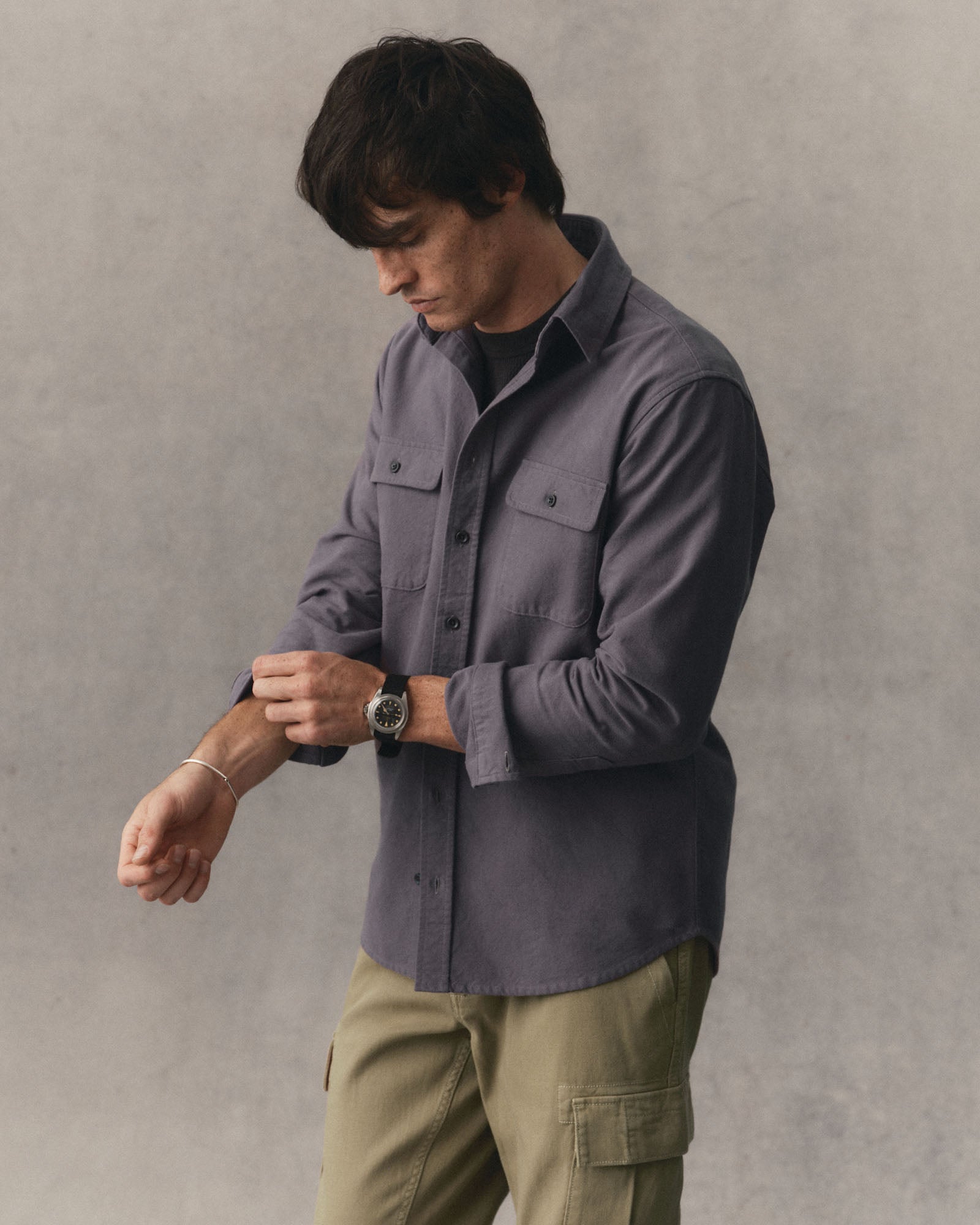 fit model showing off The Yosemite Shirt in Dried Plum, Wovens by Taylor Stitch