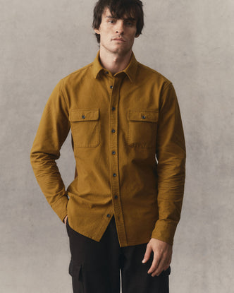 fit model showing off The Yosemite Shirt in Saffron