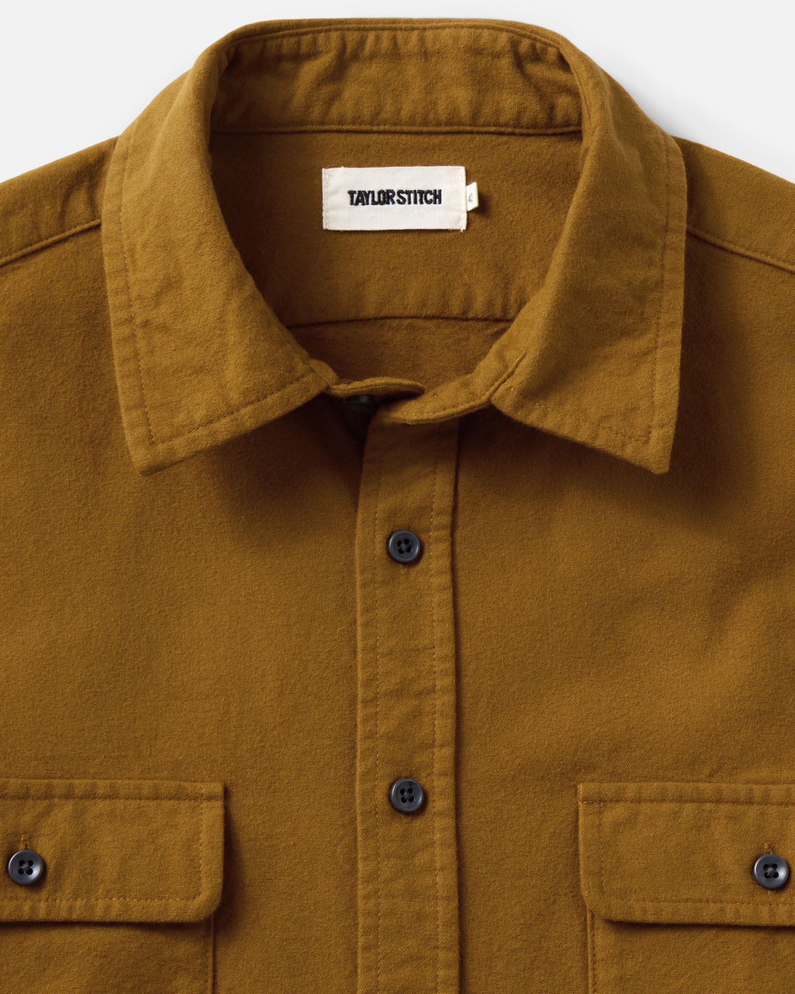 material shot of the collar on The Yosemite Shirt in Saffron, Wovens by Taylor Stitch
