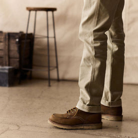 fit model showing the leg of The Camp Pant in Light Khaki Chipped Canvas