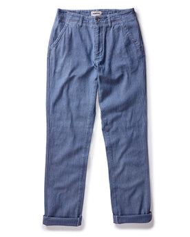 flatlay of The Morse Pant in Bleached Indigo Herringbone, Bottoms by Taylor Stitch