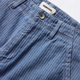 material shot of the button fly on The Morse Pant in Bleached Indigo Herringbone