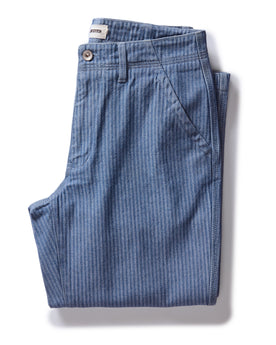 flatlay of The Morse Pant in Bleached Indigo Herringbone, folded, Bottoms by Taylor Stitch