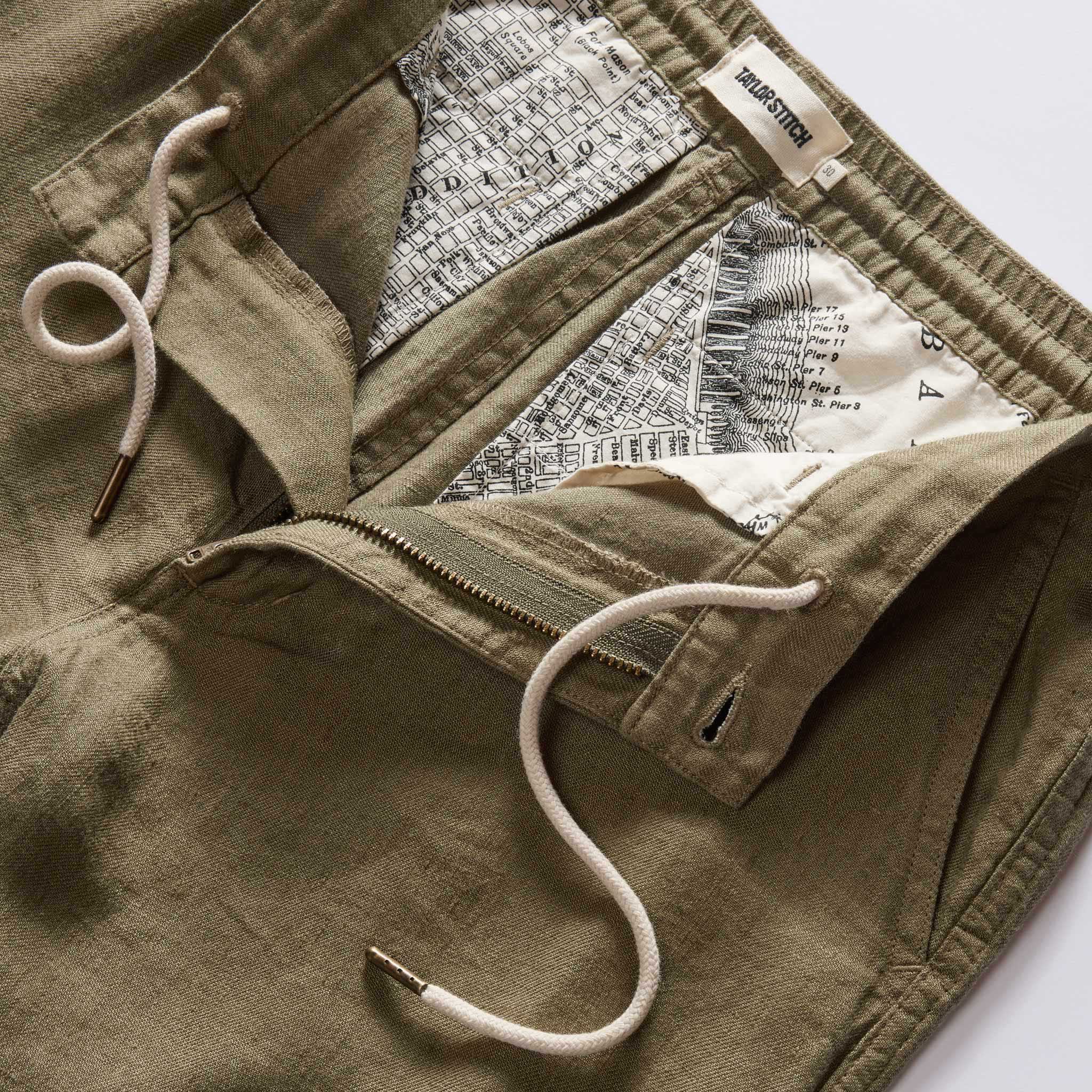 material shot of the zipper on The Easy Short in Olive Linen, Bottoms by Taylor Stitch