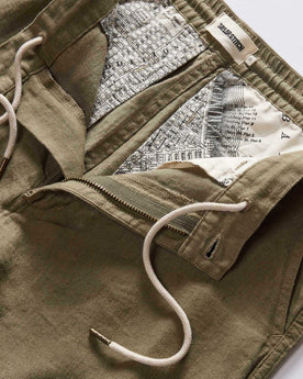 material shot of the zipper on The Easy Short in Olive Linen, Bottoms by Taylor Stitch