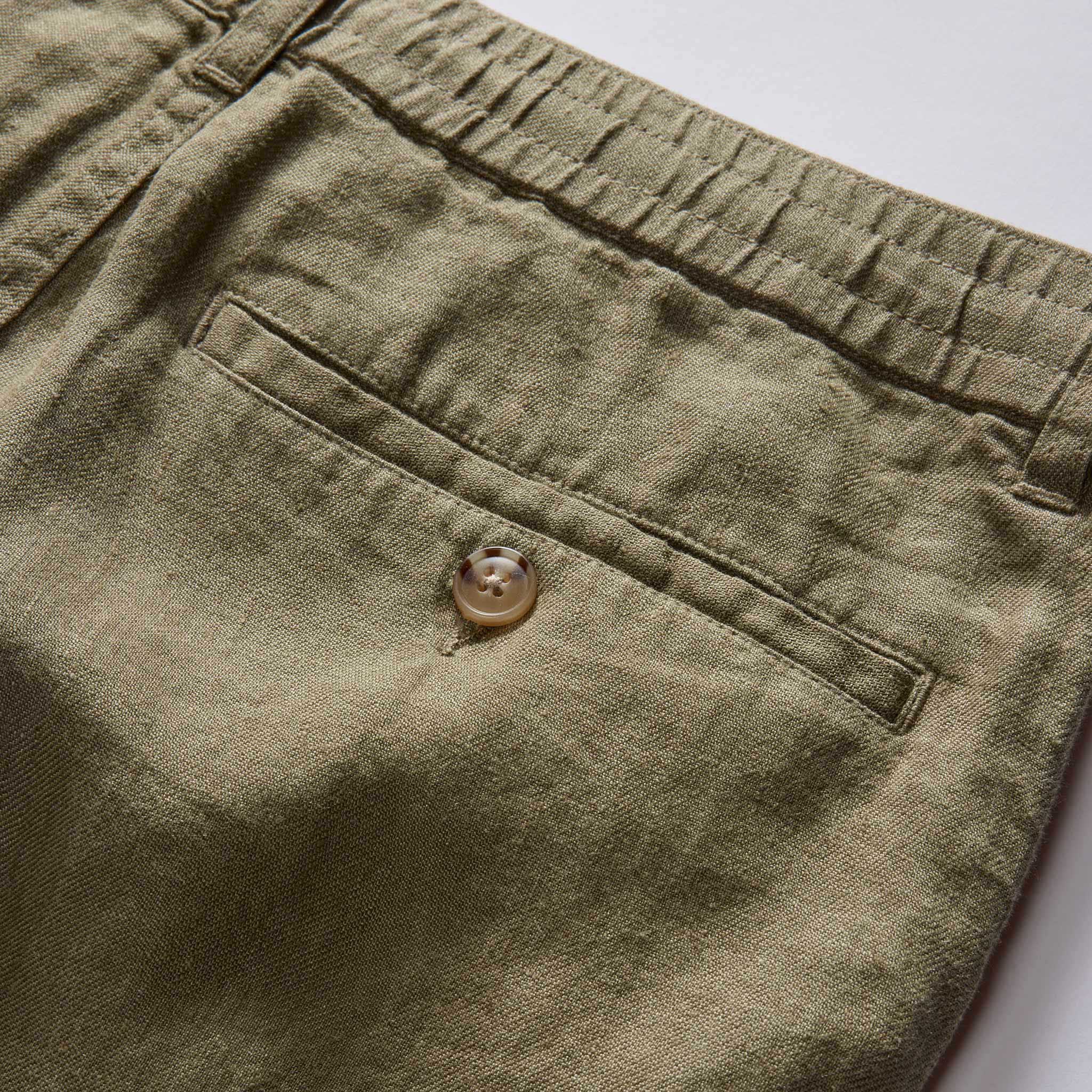 material shot of the back pocket on The Easy Short in Olive Linen, Bottoms by Taylor Stitch