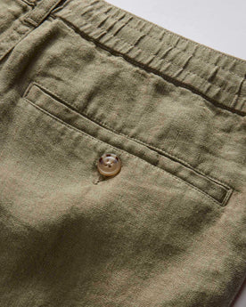 material shot of the back pocket on The Easy Short in Olive Linen, Bottoms by Taylor Stitch