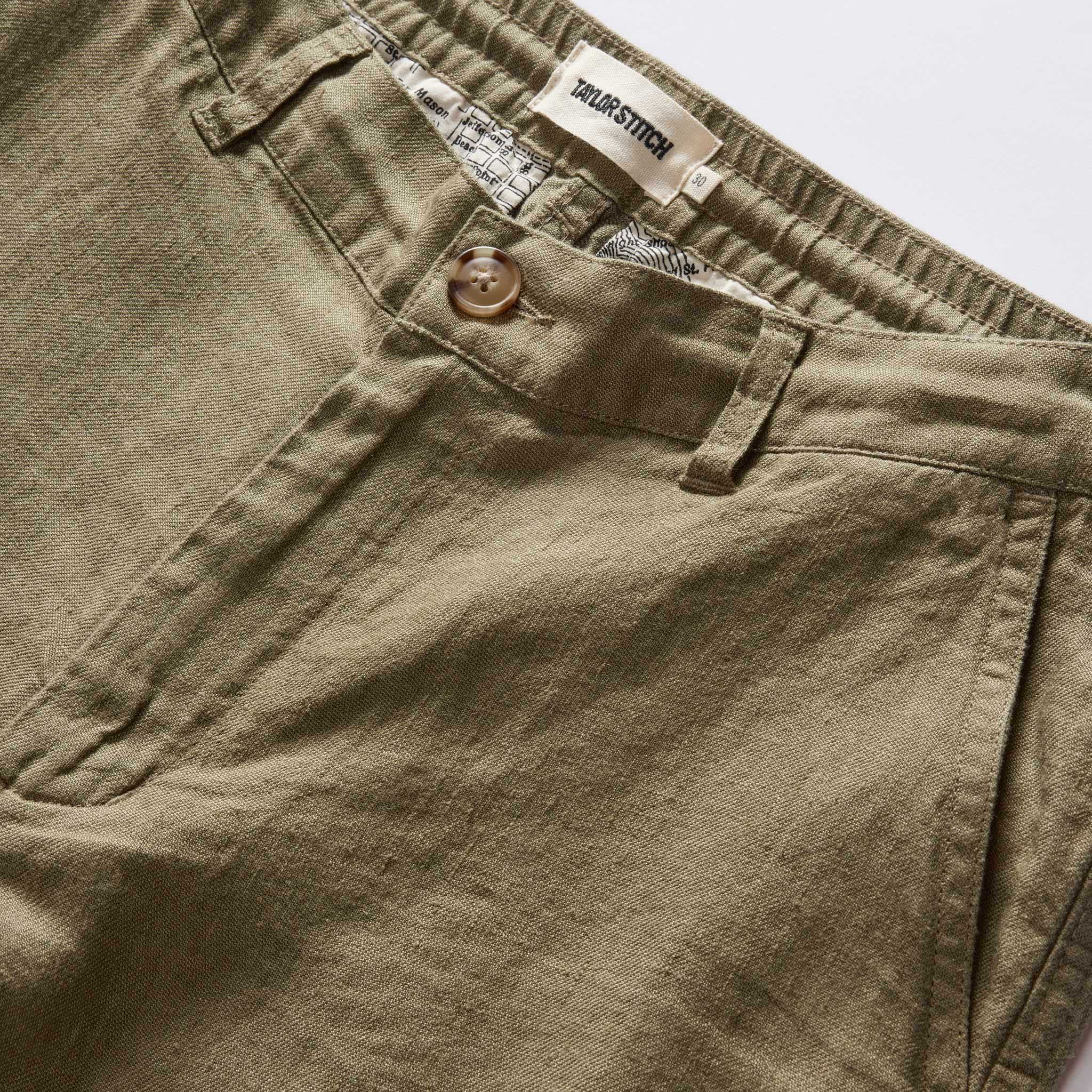 material shot of the waistband on The Easy Short in Olive Linen, Bottoms by Taylor Stitch