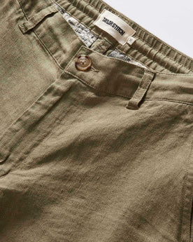 material shot of the waistband on The Easy Short in Olive Linen, Bottoms by Taylor Stitch