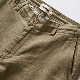 material shot of the waistband on The Easy Short in Olive Linen