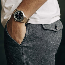 fit model showing the back flap pocket on The Carnegie Pant in Granite Herringbone