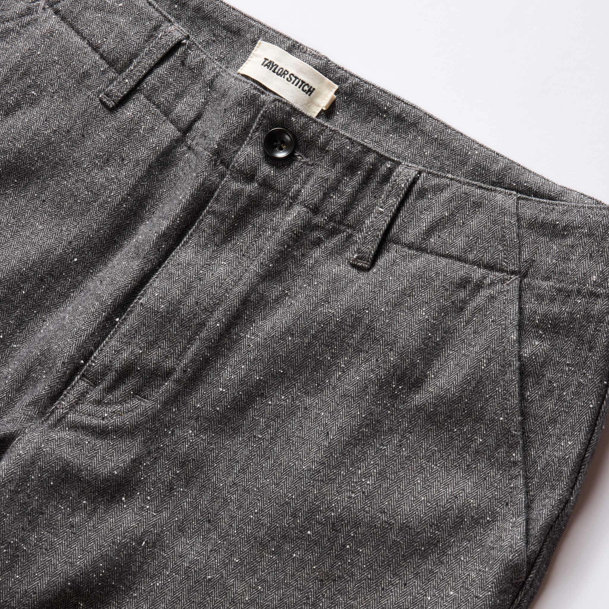 material shot of the button fly on The Carnegie Pant in Granite Herringbone, Bottoms by Taylor Stitch