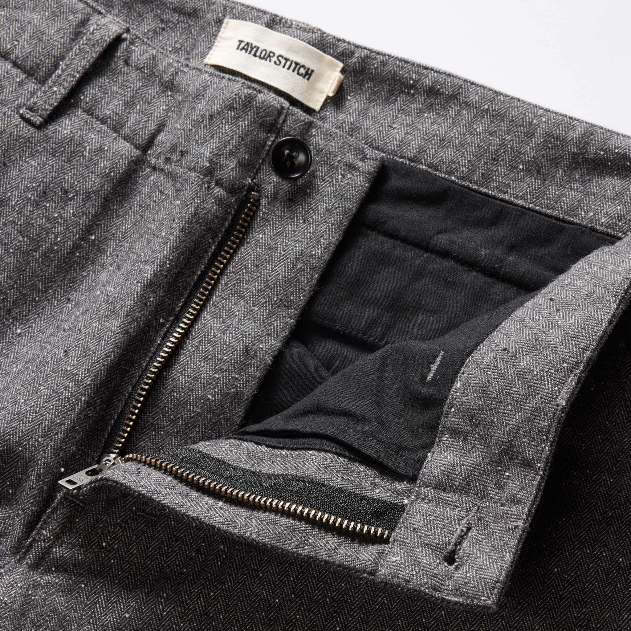 material shot of the zipper fly on The Carnegie Pant in Granite Herringbone, Bottoms by Taylor Stitch