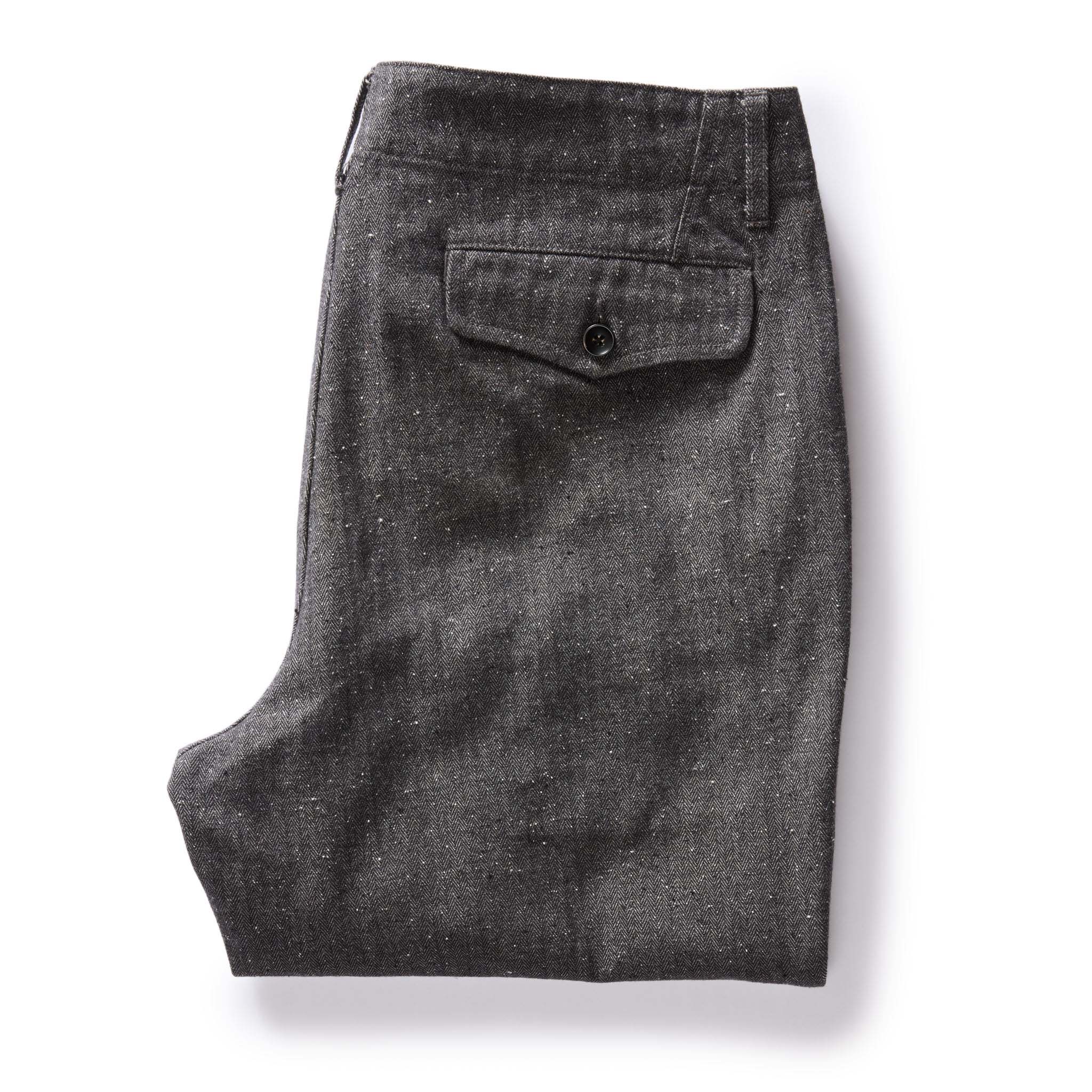 flatlay of The Carnegie Pant in Granite Herringbone, from the back, Bottoms by Taylor Stitch
