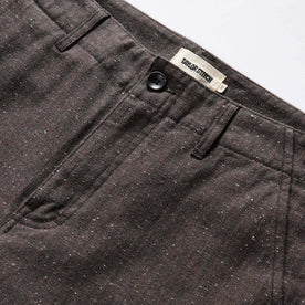 material shot of the button fly on The Carnegie Pant in Peat Herringbone