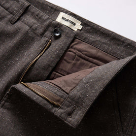 material shot of the zipper fly on The Carnegie Pant in Peat Herringbone