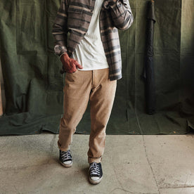 fit model in The Democratic All Day Pant in Light Khaki Cord