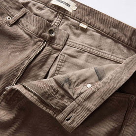 material shot of zip fly on The Democratic All Day Pant in Morel Cord