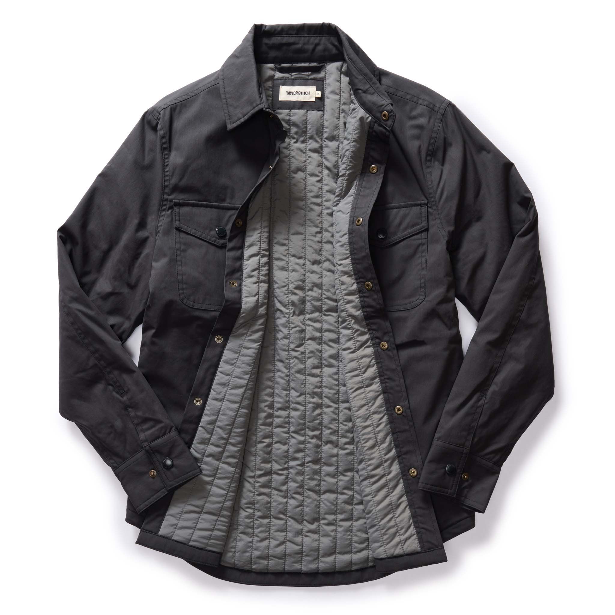 flatlay of The Lined Maritime Shirt Jacket in Coal, shown open, Wovens by Taylor Stitch