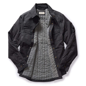 flatlay of The Lined Maritime Shirt Jacket in Coal, shown open