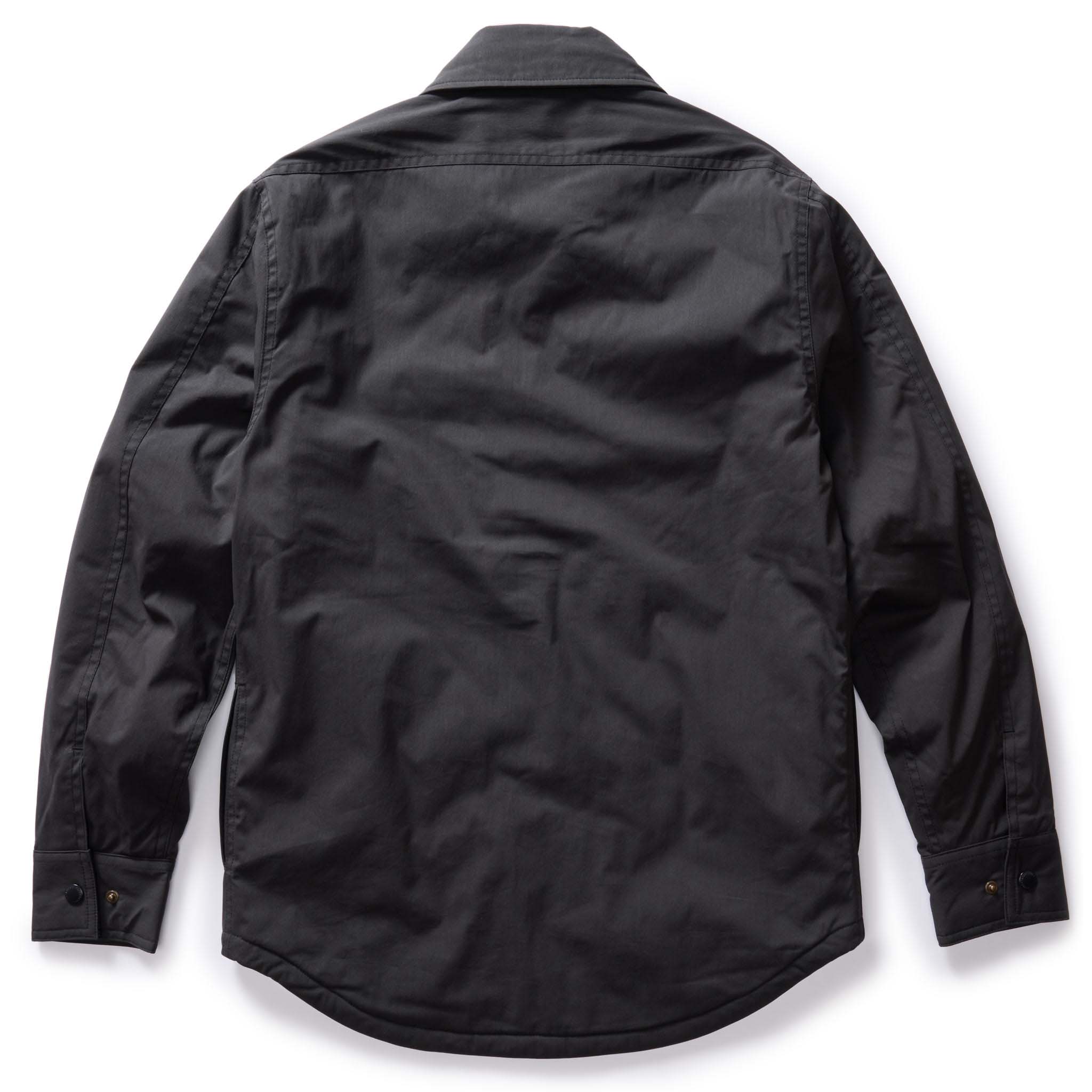 flatlay of The Lined Maritime Shirt Jacket in Coal, shown from the back, Wovens by Taylor Stitch