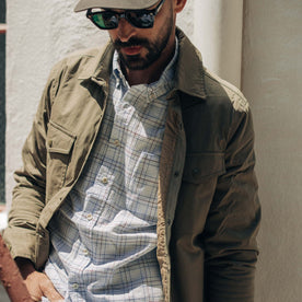 fit model with The Lined Maritime Shirt Jacket in Olive open