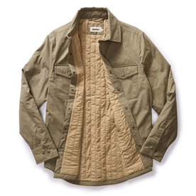 flatlay of The Lined Maritime Shirt Jacket in Olive, shown open