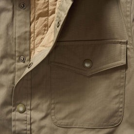 material shot of the front chest pocket on The Lined Maritime Shirt Jacket in Olive