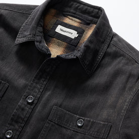material shot of the collar on The Lined Utility Shirt in Washed Black Denim