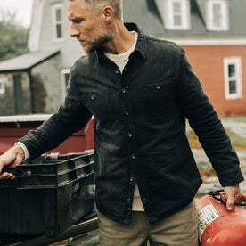fit model wearing The Lined Utility Shirt in Washed Black Denim