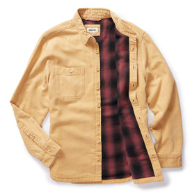 flatlay of The Lined Utility Shirt in Wheat Denim, with the plaid lining shown