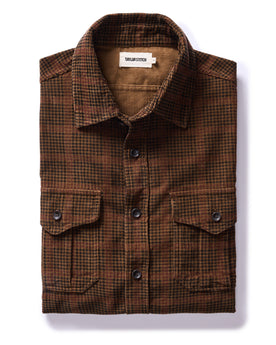 flatlay of The Saddler Shirt in Dark Roast Plaid Cord, Wovens by Taylor Stitch
