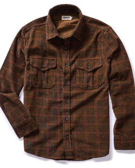 flatlay of The Saddler Shirt in Dark Roast Plaid Cord, shown in full, Wovens by Taylor Stitch