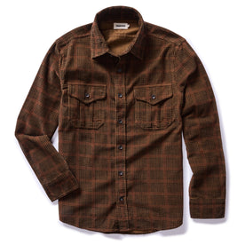 flatlay of The Saddler Shirt in Dark Roast Plaid Cord, shown in full